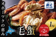 【網走産】オホーツクの恵み 毛蟹 約1kg（450〜550g × 2杯）｜ボイル済 ABBI015