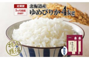 定期便 5ヵ月連続5回 北海道産 ゆめぴりか 無洗米 4kg 特A 2kg ×2袋　57461669