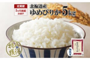 定期便 5ヵ月連続5回 北海道産 ゆめぴりか 無洗米 5kg 米 特A 獲得 白米　57461673