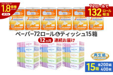 定期便12ヵ月連続 ティッシュ15箱  トイレットペーパー ダブル72ロール　57461988