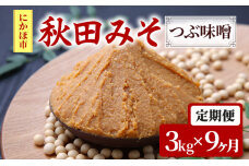 味噌 定期便 秋田みそ（つぶ味噌）3kg×9ヶ月（1kg×3袋 小分け）