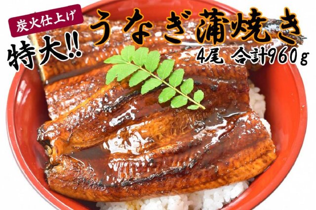 ふるさと納税 「うなぎ蒲焼き4尾入り 960g（蒲焼たれ8袋 山椒付き