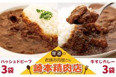 ★【崎本精肉店】お肉屋さんの手作り牛すじカレー3パック＆ハッシュドビーフ3パック　6パックをお届け！